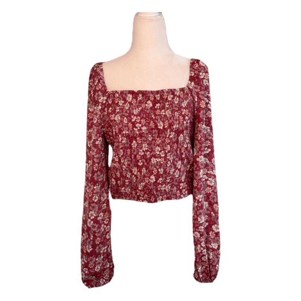 Pink Rose Top Berry Floral Pattern Smocked Bodice Puff Sleeves Sz L